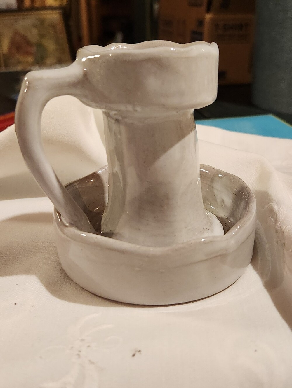 Handmade White Ceramic Chamberstick Candle Holder - Home Art